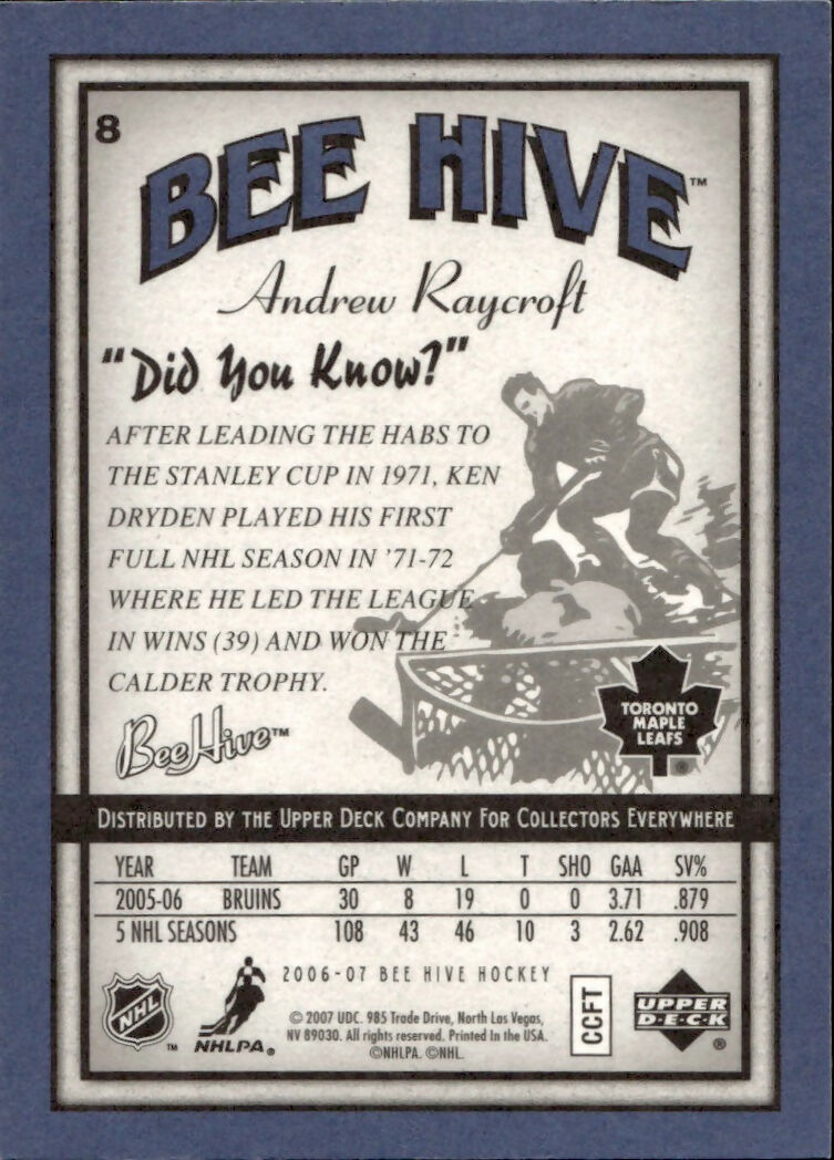 2006-07 Upper Deck - Bee Hive Hockey - Base - Blue #8 Andrew Raycroft - Toronto Maple Leafs - B