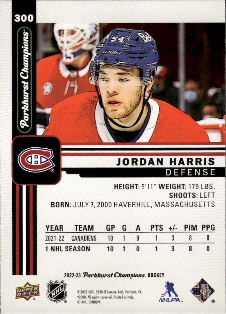 2022-23 Upper Deck Parkhurst Champions - Base #300 Jordan Harris - Montreal Canadiens