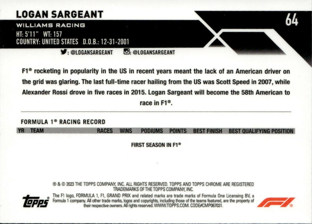 2023 Topps Chrome Formula 1 Base #64 - F1 Drivers - Purple Checker Flag X-factor :199 Logan Sargeant - Williams Racing - B