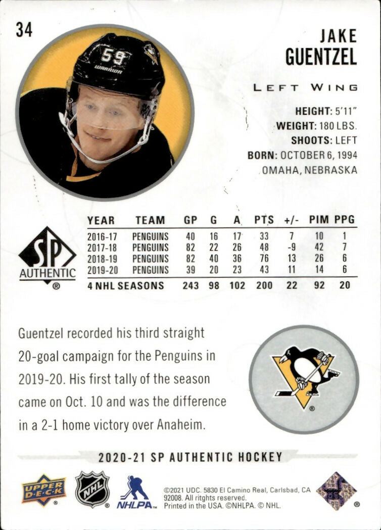 2020-21 Upper Deck Sp Authentic Hockey - Base #34 Jake Guentzel - Pittsburgh Penguins - B