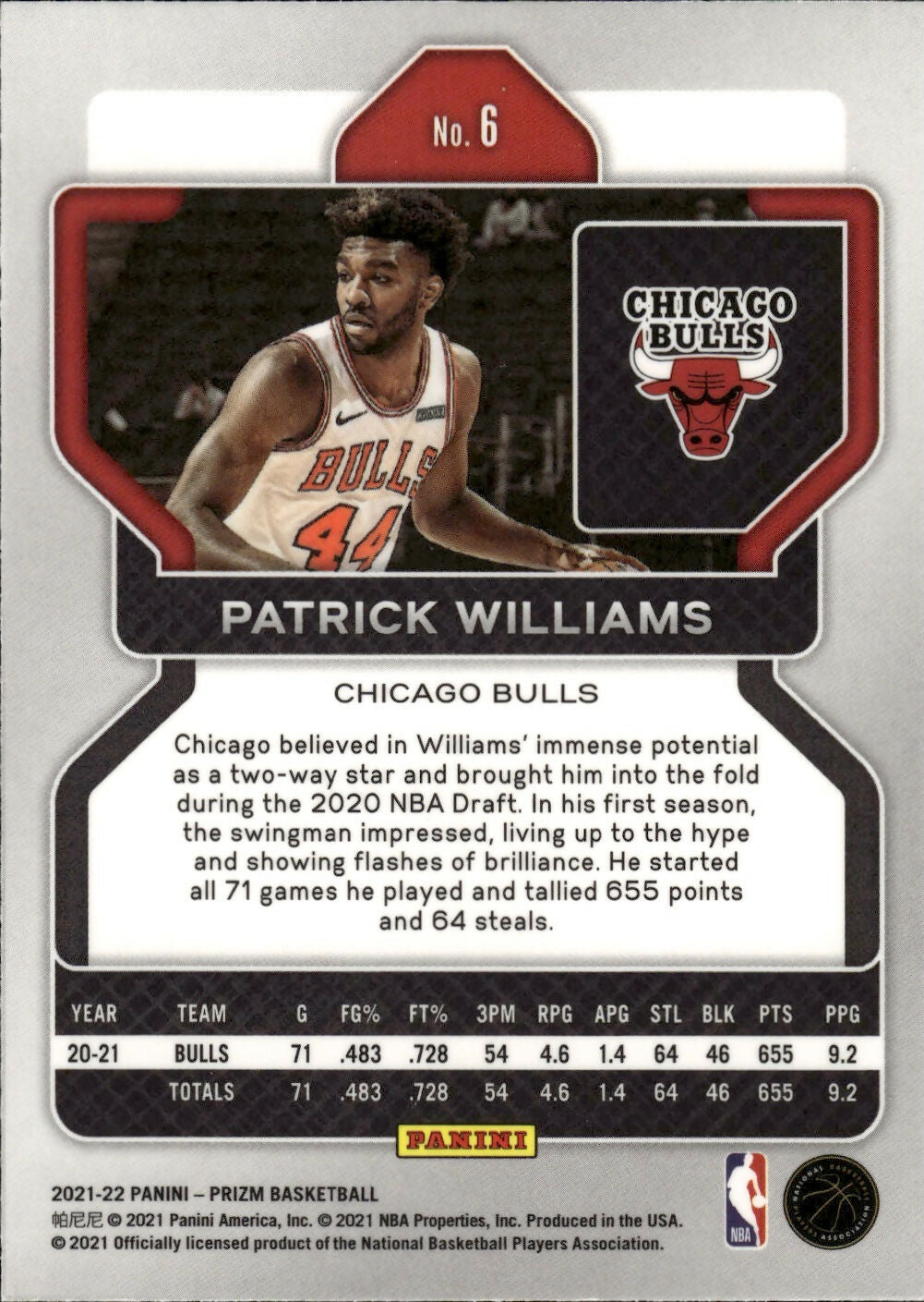 2021-22 Panini Prizm Basketball - Base # 6 Patrick Williams - Chicago Bulls