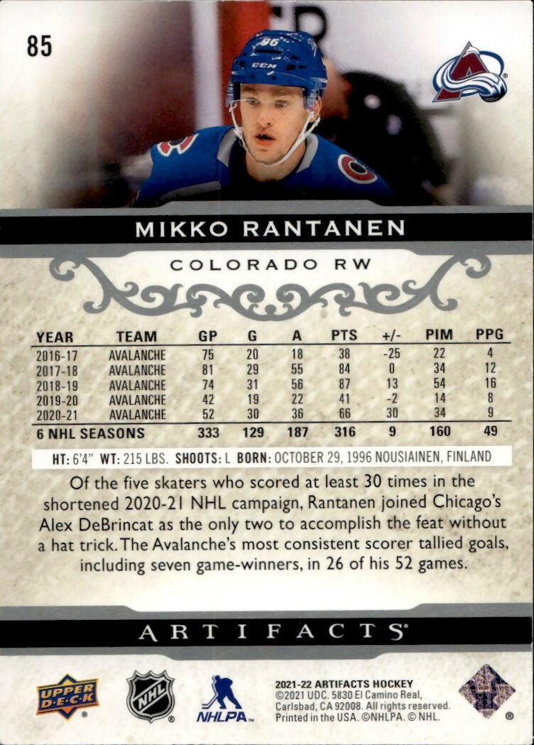 2021-22 Upper Deck Artifacts Hockey - Base #85 Mikko Rantanen - Colorado Avalanche - B