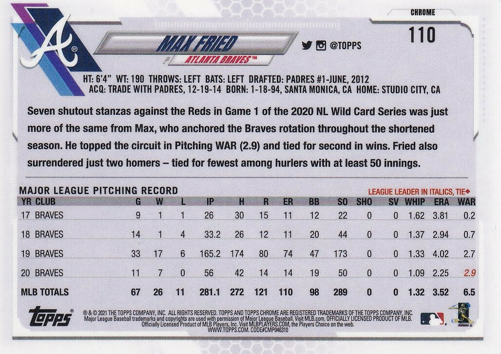 2021 Topps Chrome #110 Max Fried Atlanta Braves