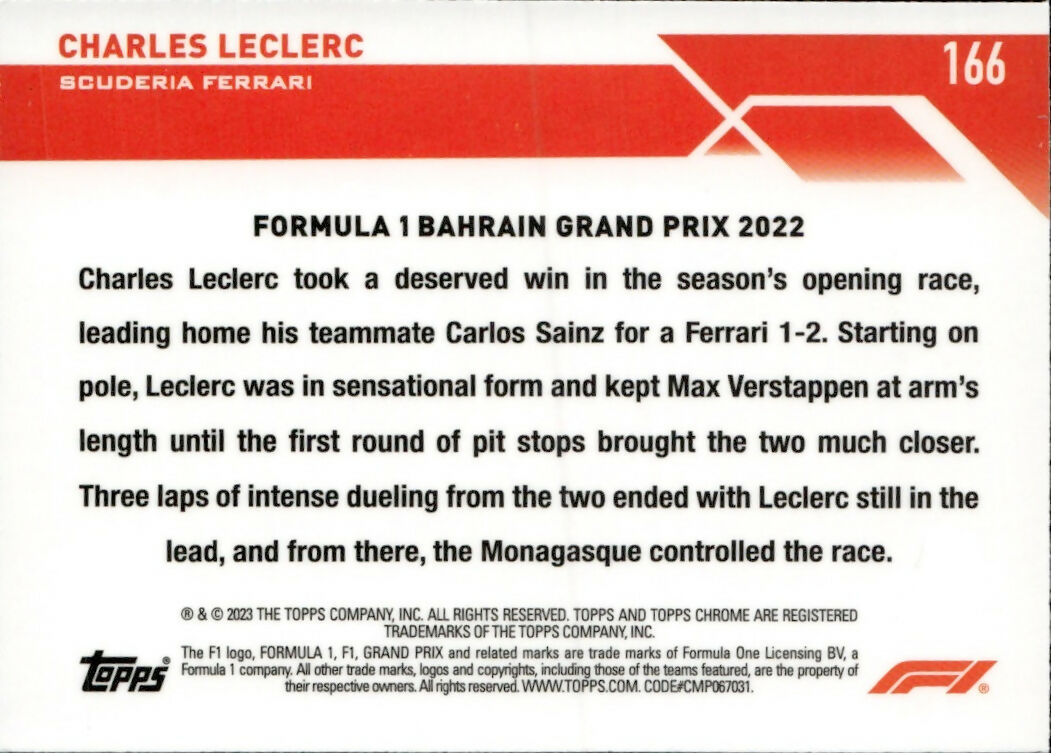 2023 Topps Chrome Formula 1 Base #166 - Grand Prix Driver Of The Day Charles LeClerc - Scuderia Ferrari - B