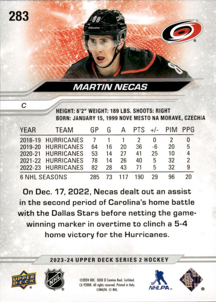 2023-24 Upper Deck Series 2 Hockey - Base #283 Martin Necas - Carolina Hurricanes