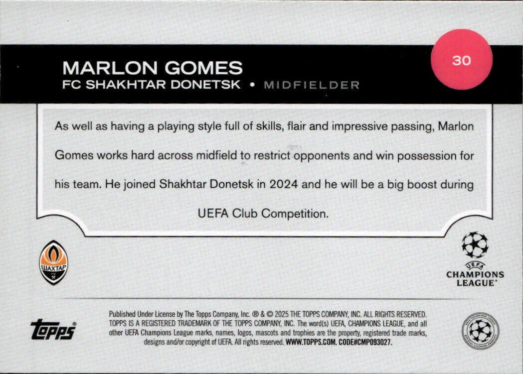 2024-25 Topps UEFA Club Competitions - Base #30 Marlon Gomes - FC Shakhtar Donetsk - B