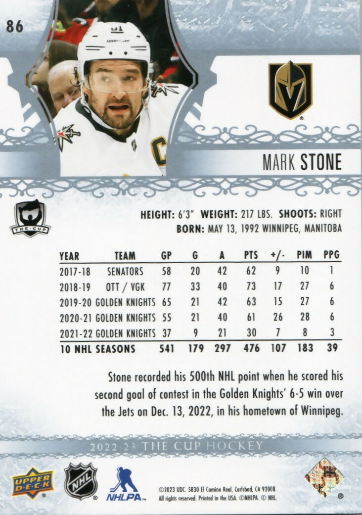 2022-23 Upper Deck The Cup - Base :249 #86 Mark Stone - Vegas Golden Knights - B