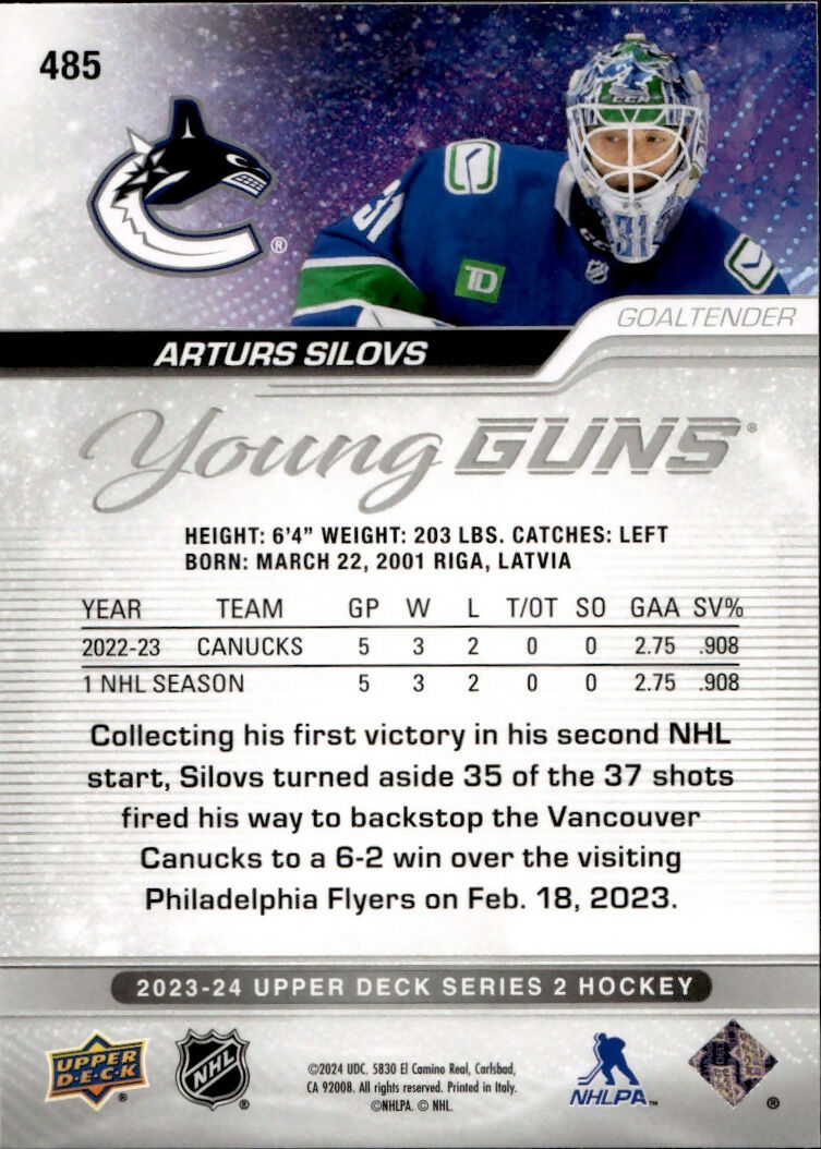 2023-24 Upper Deck Series 2 Hockey - Base - Young Guns #485 Arturs Silovs - Vancouver Canucks - B