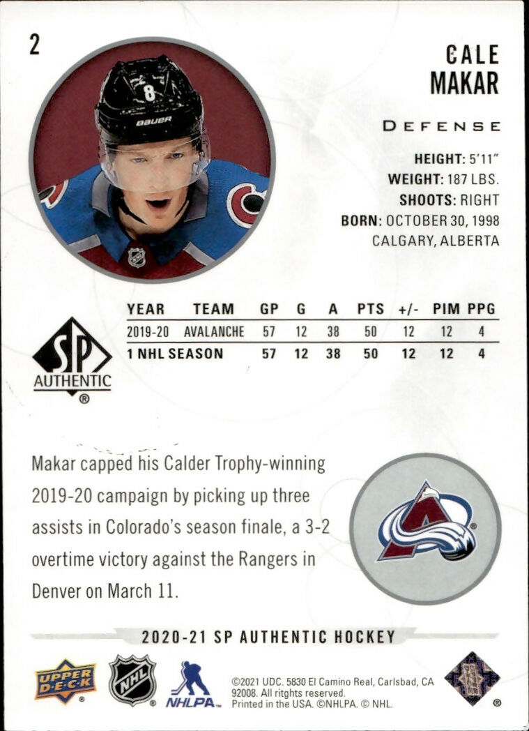 2020-21 Upper Deck Sp Authentic Hockey - Base #2 Cale Makar - Colorado Avalanche - B