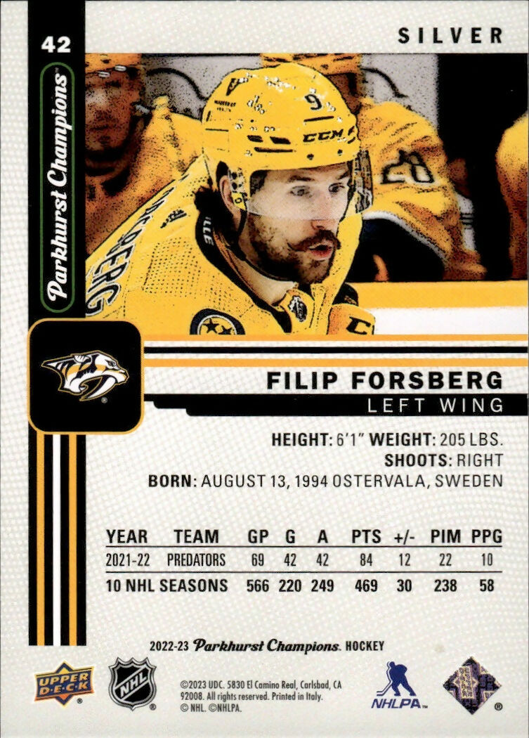 2022-23 Upper Deck Parkhurst Champions - Base - Silver #42 Filip Forsberg - Nashville Predators