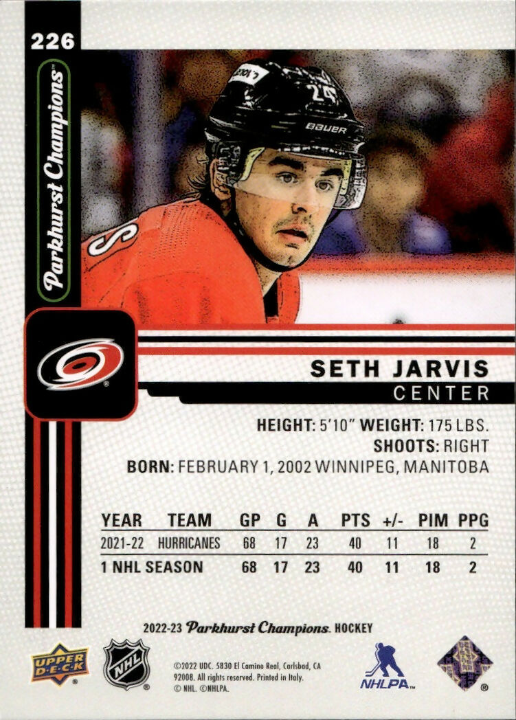 2022-23 Upper Deck Parkhurst Champions - Base #226 Seth Jarvis - Carolina Hurricanes - B