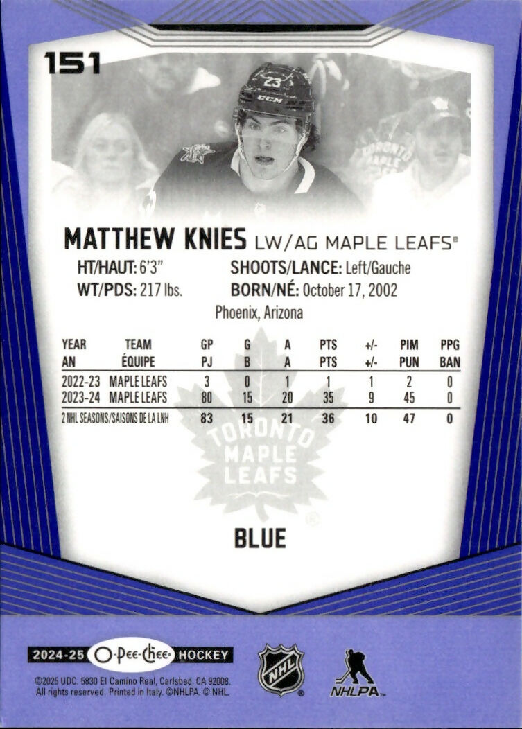 2024-25 Upper Deck O-Pee-Chee - Base - Blue #151 Matthew Knies - Toronto Maple Leafs - B