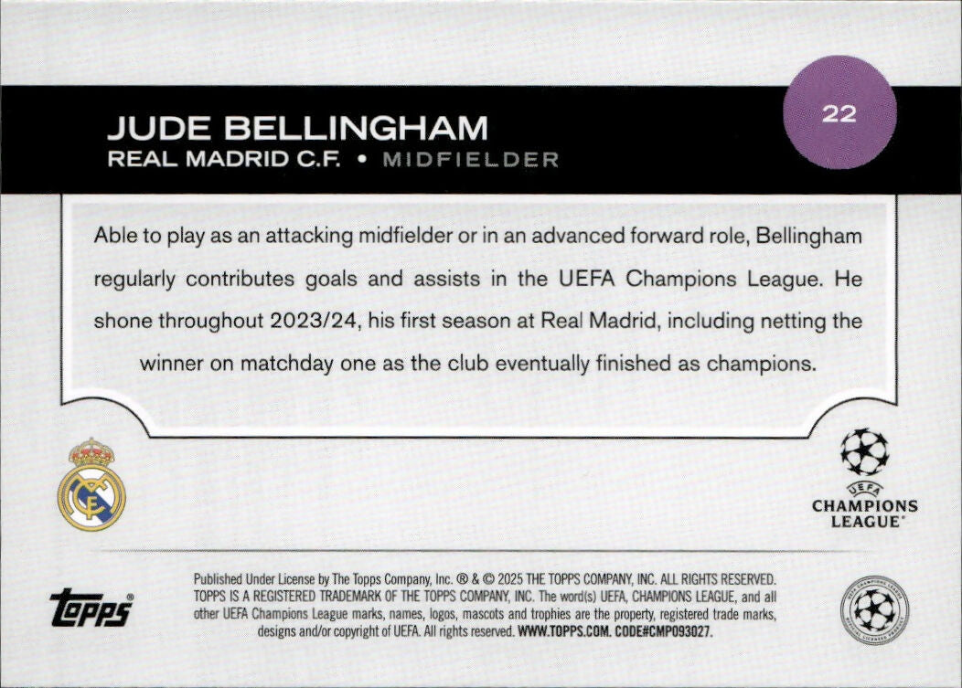 2024-25 Topps UEFA Club Competitions - Base #22 Jude Bellingham - Real Madric C.F. - B