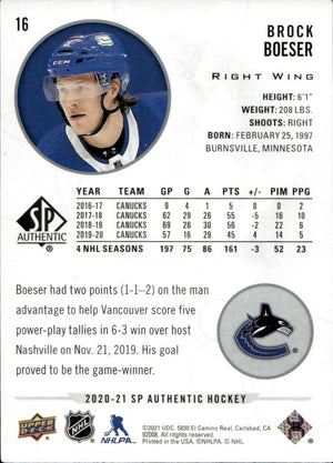 2020-21 Upper Deck Sp Authentic Hockey - Base #16 Brock Boeser - Vancouver Canucks - B