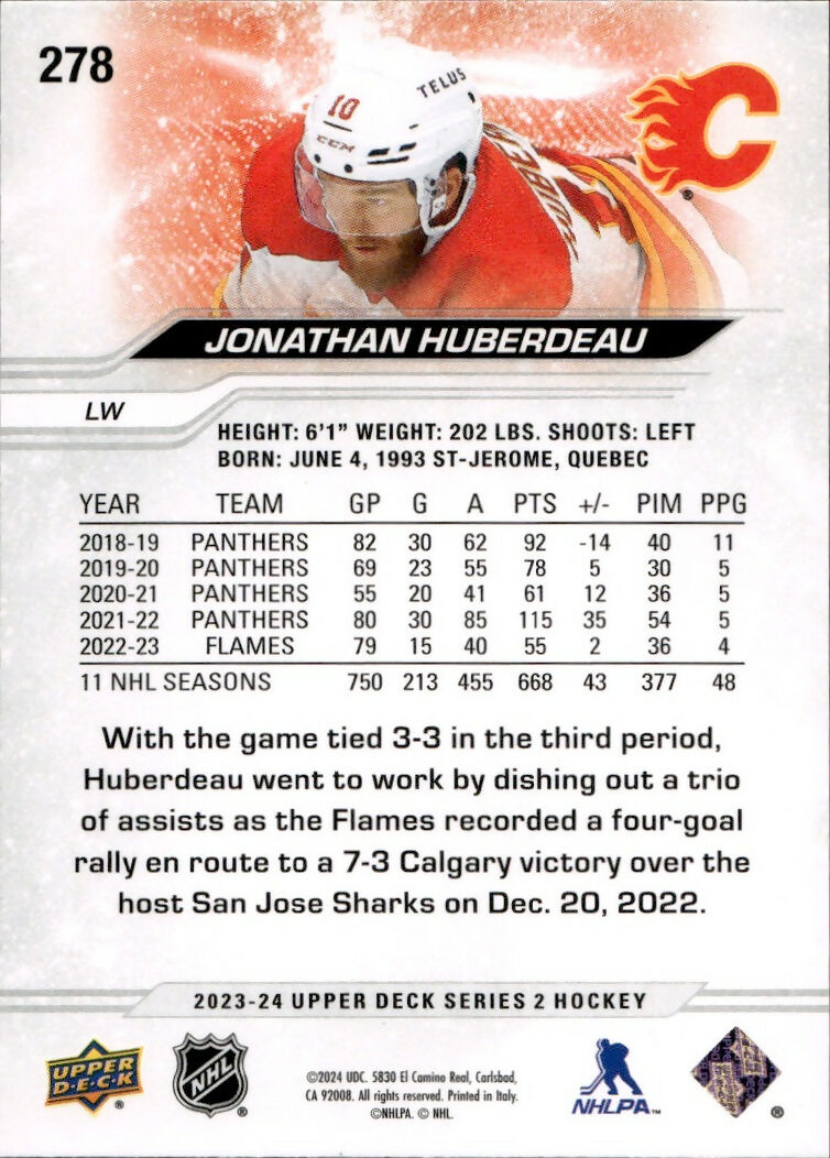 2023-24 Upper Deck Series 2 Hockey - Base #278 Jonathan Huberdeau - Calgary Flames - B