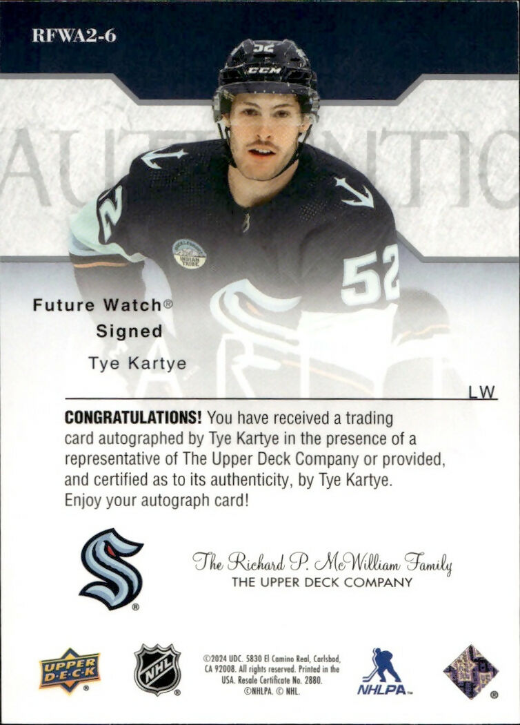 2023-24 Upper Deck SP Authentic Hockey - 2003-04 Retro Future Watch Auto #RFWA2-6 Tye Kartye - Seattle Kraken - B