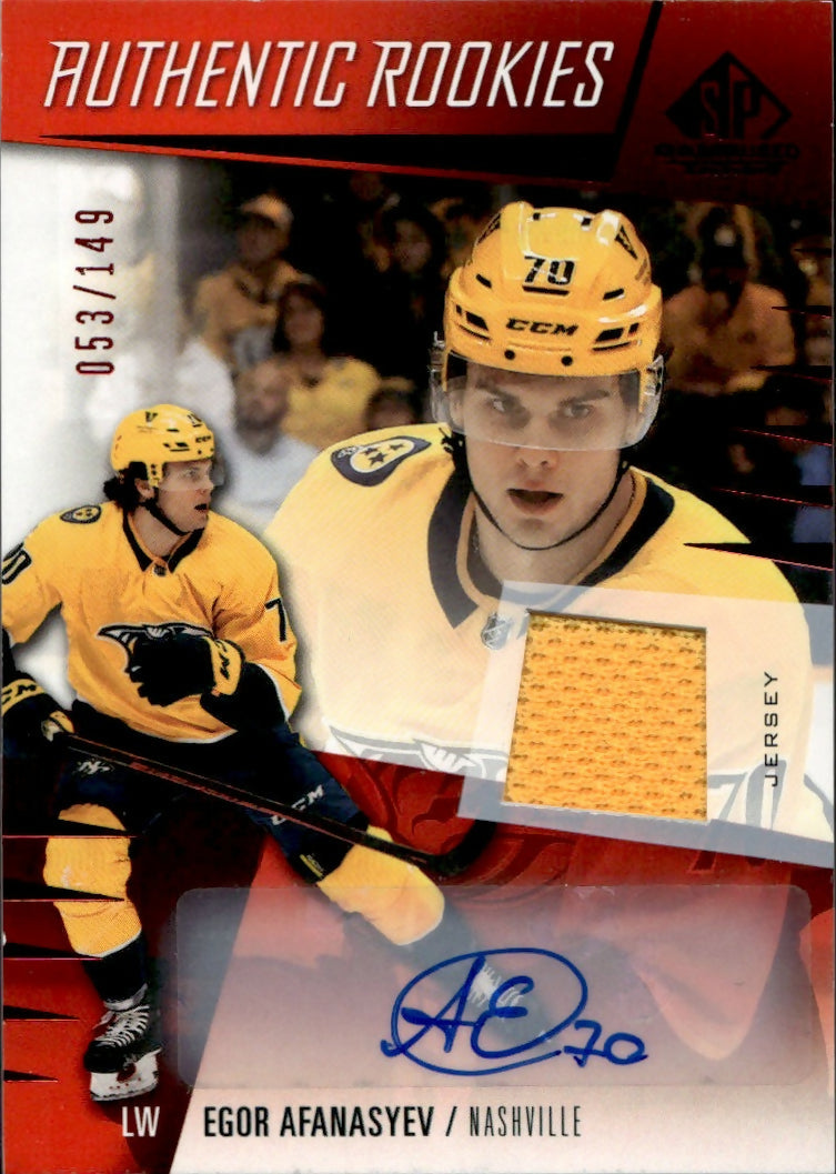 2023-24 Upper Deck SP Game Used Hockey - Authentic Rookies - Red - Patch - Auto :149 #214 Egor Afanasyev - Nashville Predators - A