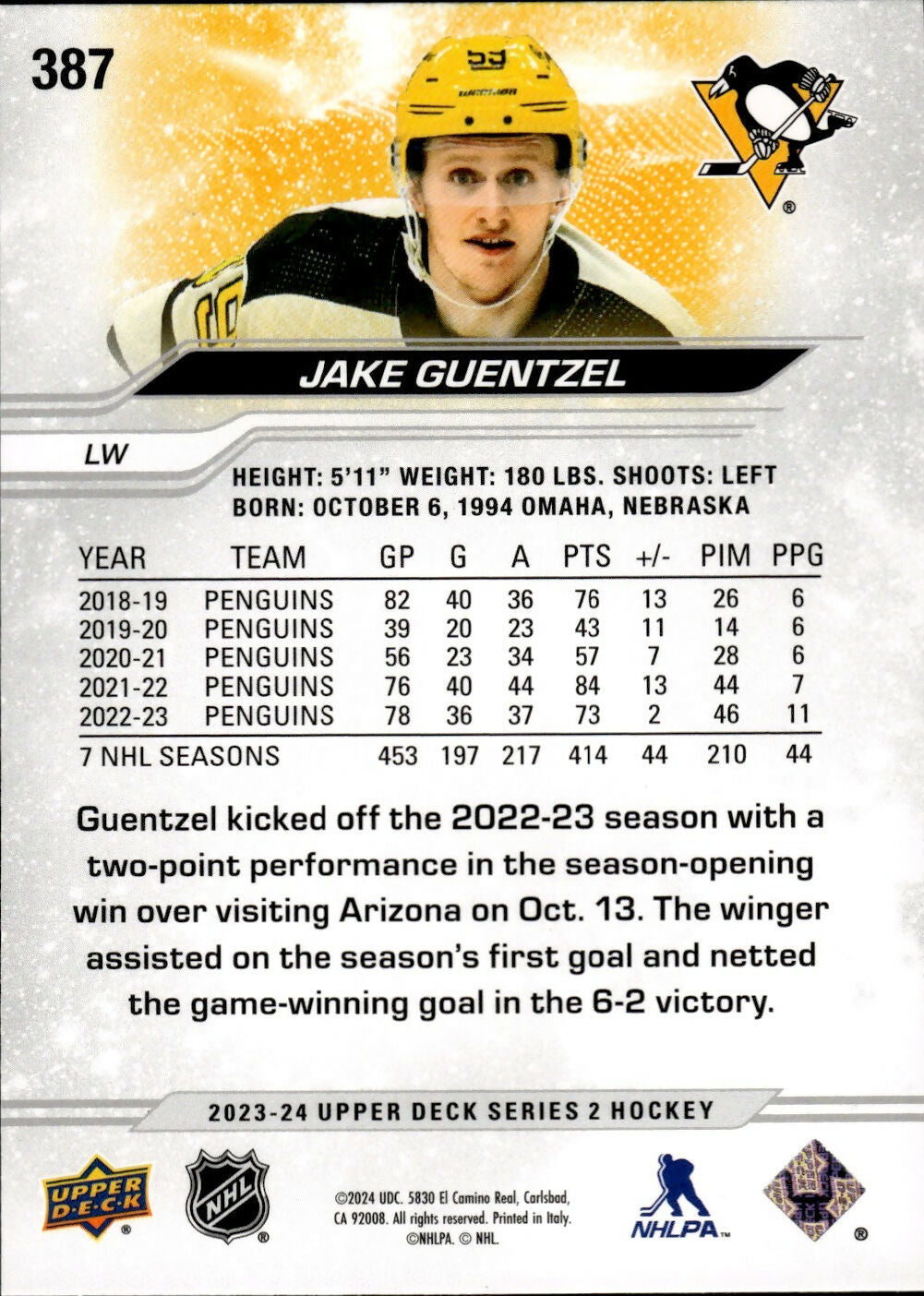 2023-24 Upper Deck Series 2 Hockey - Base #387 Jake Guentzel - Pittsburgh Penguins - B