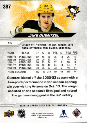 2023-24 Upper Deck Series 2 Hockey - Base #387 Jake Guentzel - Pittsburgh Penguins - B