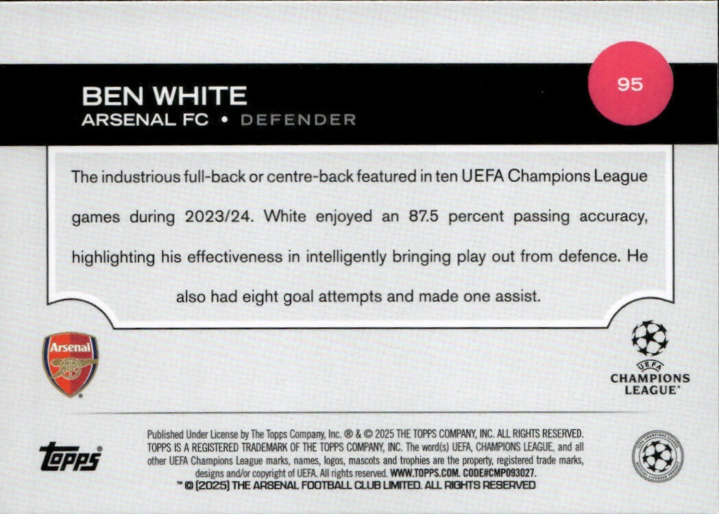 2024-25 Topps UEFA Club Competitions - Base #95 Ben White - Arsenal - FC - B