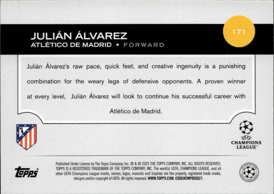 2024-25 Topps UEFA Club Competitions - Base #171 Julian Alvarez - Atletico De Madrid - B