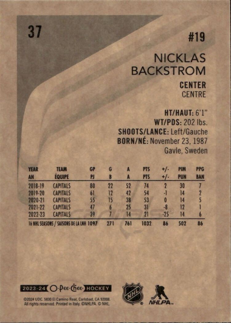 2023-24 Upper Deck O-Pee-Chee Hockey - Base - Retro #37 Nicklas Backstrom - Washington Capitals - B