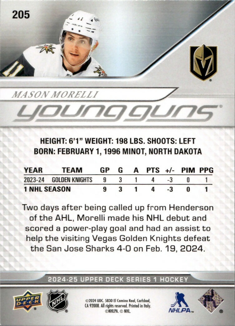 2024-25 Upper Deck Series 1 Hockey - Base - Young Guns #205 Mason Morelli - Vegas Golden Knights - B