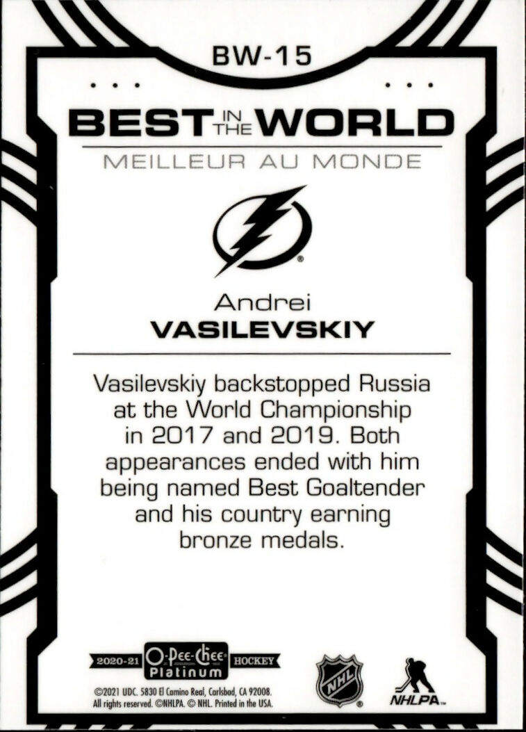 2020-21 Upper Deck O-Pee-Chee Platinum Hockey - Best In The World #BW-15 Andrei Vasilevskiy - Tampa Bay Lightning - B