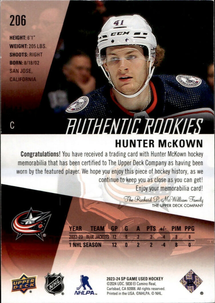 2023-24 Upper Deck SP Game Used Hockey - Base - Red - Patch #206 Hunter McKown - Columbus Blue Jackets - B