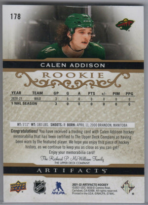 2021-22 Upper Deck Artifacts Hockey - Base - Gold Material Relics  :799 #Calen Addison - Minnesota Wild - B