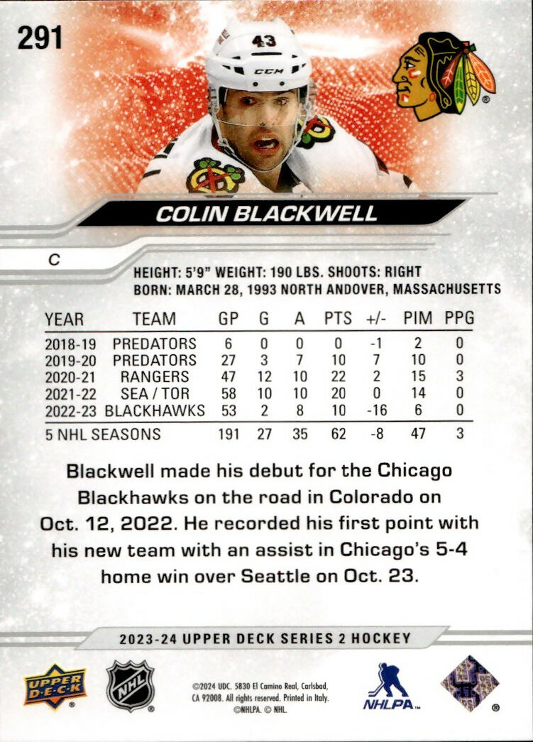 2023-24 Upper Deck Series 2 Hockey - Base #291 Colin Blackwell - Chicago Blackhawks - B