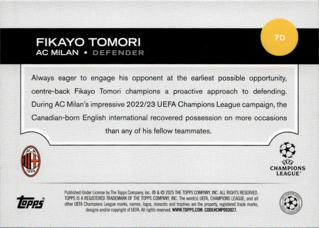 2024-25 Topps UEFA Club Competitions - Base #70 Fikayo Tomori - AC Milan - B