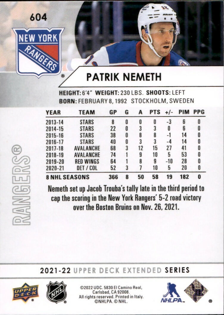 2021-22 Upper Deck Extended Series Hockey - Base #604 Patrik Nemeth - New York Rangers - B
