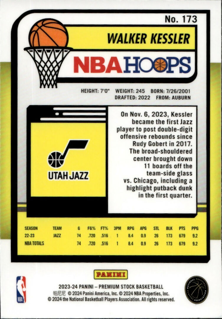 2023-24 Panini NBA Hoops Premium Stock - Base #173 Walker Kessler - Utah Jazz - B