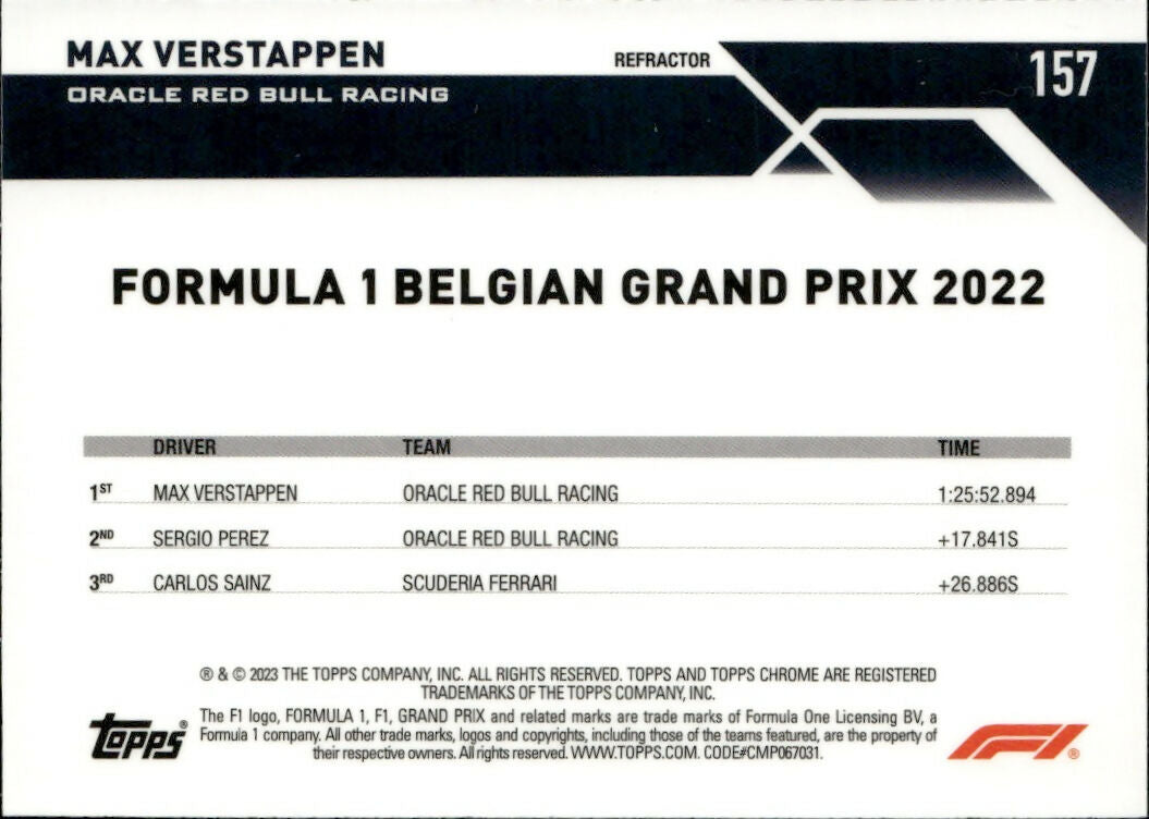 2023 Topps Chrome Formula 1 Base #157 - Grand Prix Winners - Refractor Max Verstappen - Oracle Red Bull Racing - B