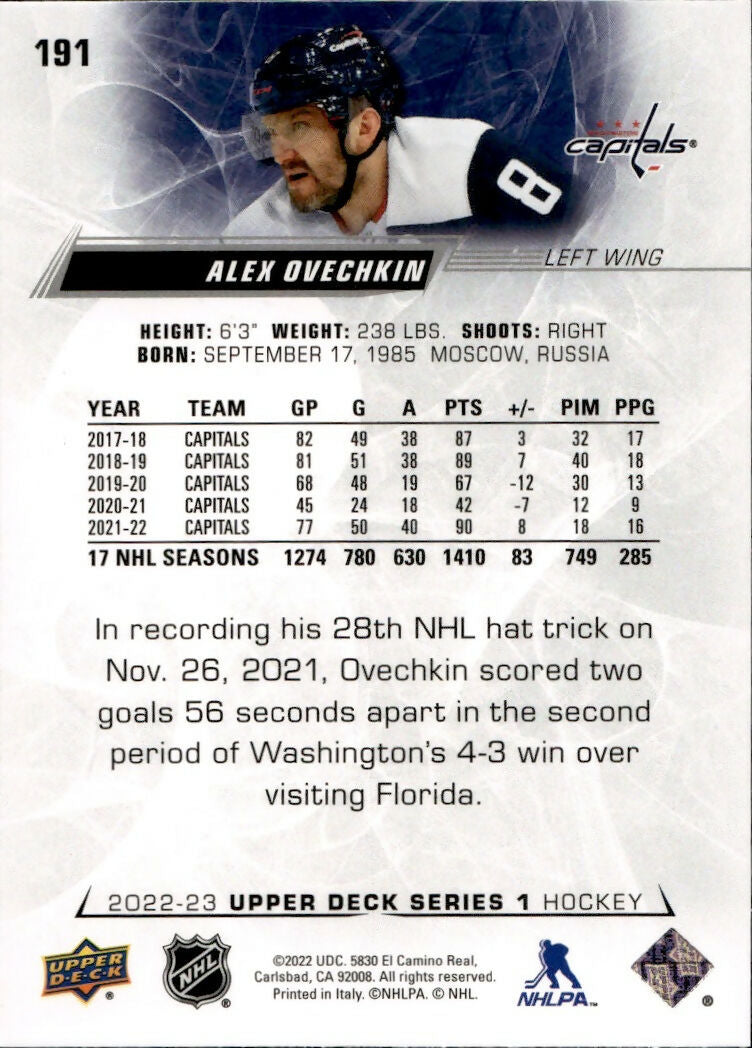 2022-23 Upper Deck Series 1 Hockey - Base #191 Alex Ovechkin - Washington Capitals - B