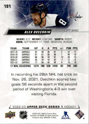2022-23 Upper Deck Series 1 Hockey - Base #191 Alex Ovechkin - Washington Capitals - B