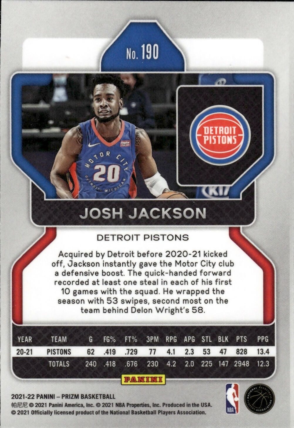 2021-22 Panini Prizm Basketball - Base # 190 Josh Jackson - Detroit Pistons