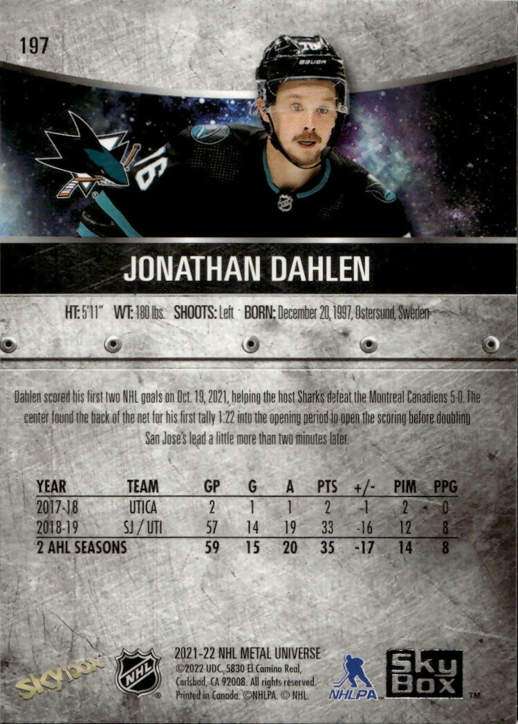 2021-22 Upper Deck Skybox Metal Universe - Base - Rookies #197 Jonathan Dahlen - San Jose Sharks - B