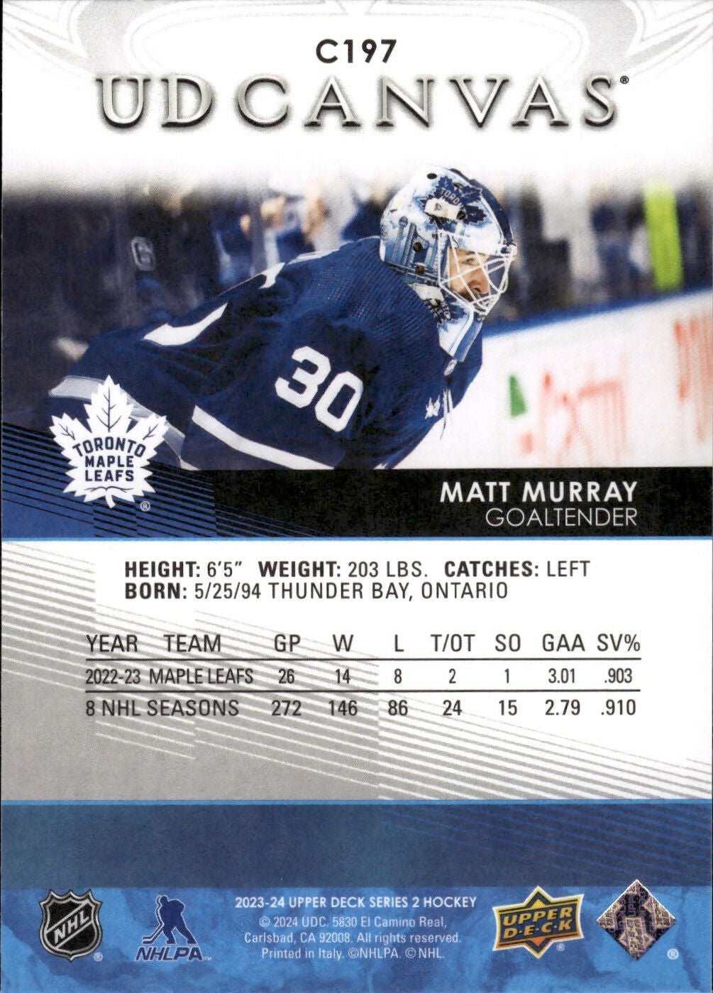 2023-24 Upper Deck Series 2 Hockey - UD Canvas #C197 Matt Murray - Toronto Maple Leafs