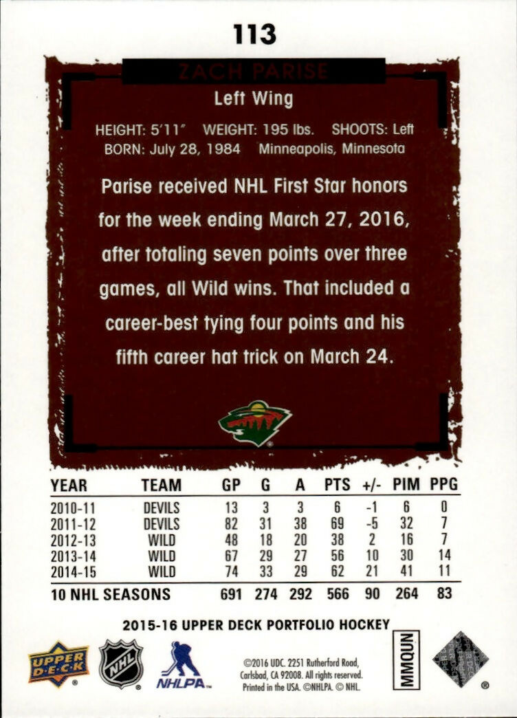 2015-16 Upper Deck Portfolio Hockey - Base #113 Zach Parise - Minnesota Wild