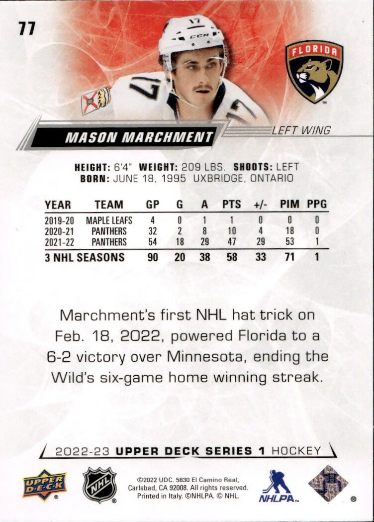 2022-23 Upper Deck Series 1 Hockey - Base #77 Mason Marchment - Florida Panthers - B