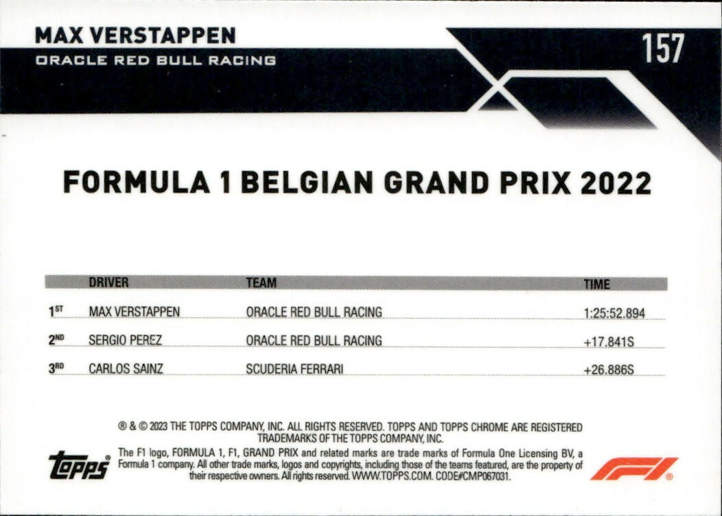 2023 Topps Chrome Formula 1 Base #157 - Grand Prix Winners Max Verstappen - Oracle Red Bull Racing - B