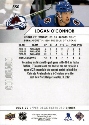 2021-22 Upper Deck Extended Series Hockey - Base #550 Logan O'Connor - Colorado Avalanche - B