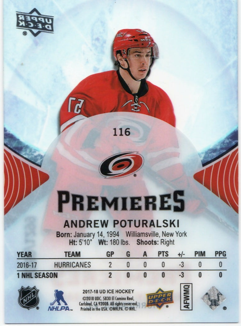 2017-18 Upper Deck Ice Hockey - Base - Premiers /1299 #116 Andrew Poturalski - Carolina Hurricanes