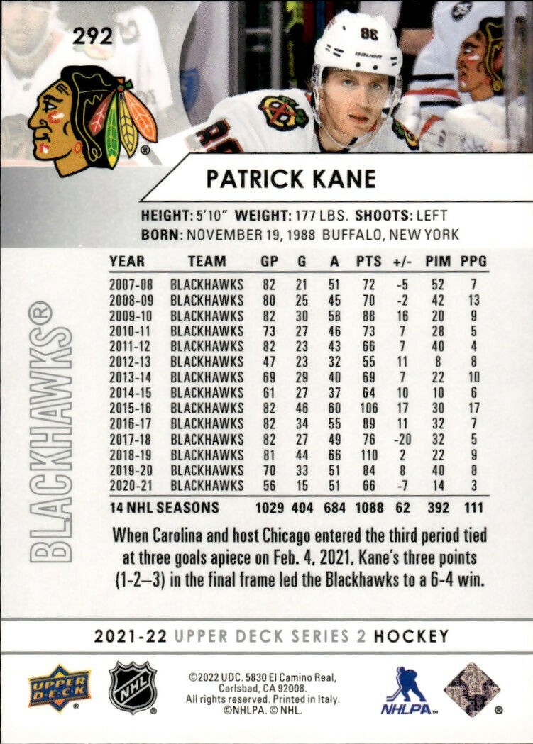 2021-22 Upper Deck Series 2 Hockey - Base #292 Patrick Kane - Chicago Blackhawks - B