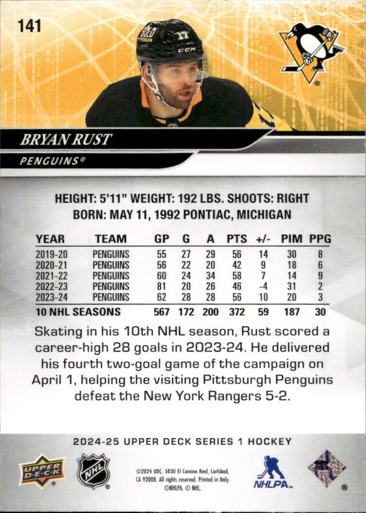2024-25 Upper Deck Series 1 Hockey - Base #141 Bryan Rust - Pittsburgh Penguins - B