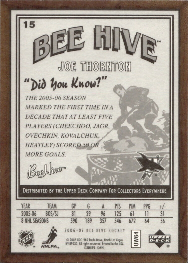 2006-07 Upper Deck - Bee Hive Hockey - Base #15 Joe Thornton - San Jose Sharks - B