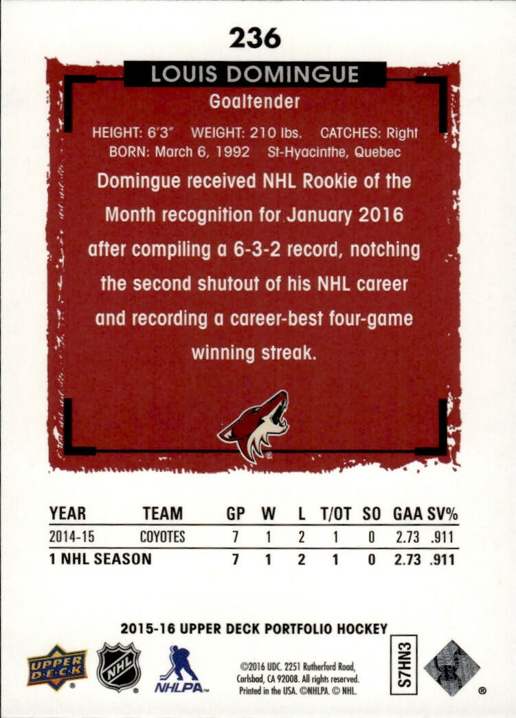 2015-16 Upper Deck Portfolio Hockey - Base - Rookie Color Photos #236 Louis Domingue - Arizona Coyotes