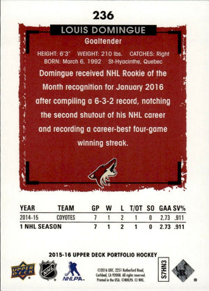 2015-16 Upper Deck Portfolio Hockey - Base - Rookie Color Photos #236 Louis Domingue - Arizona Coyotes